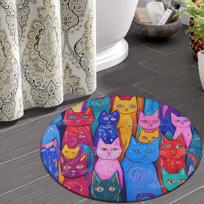 Large Round Area Rug Home Decor Modern Bathroom Rug Kitchen Office Circle Rug for Living Room Sofa Circle Cute Mat Colorful Cats Art, 60inch