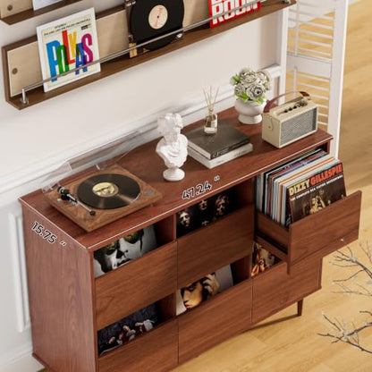 47.2" Large Record Player Stand, Vinyl Record Storage Cabinet,Brown | Fit 7“/10"/12" Vinyl Record, Mid Century Turntable Stand, Media Cabinet with 6 DVD Drawers for Living Room, Music Corner