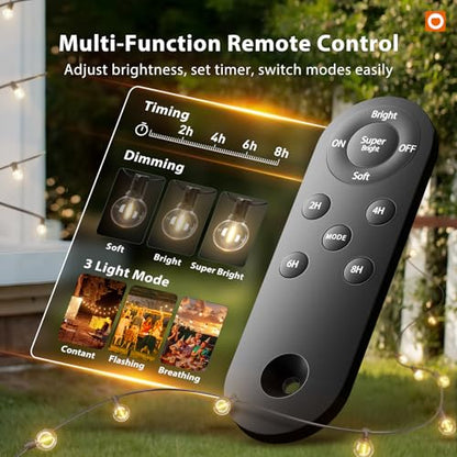 100FT Solar String Lights Outdoor with Remote, 54 LED Shatterproof Bulbs, USB Charging, 20+ Hour Runtime, Dimmable & Timable, G40 Waterproof Solar Lights for Outside Backyard Patio Garden Decor