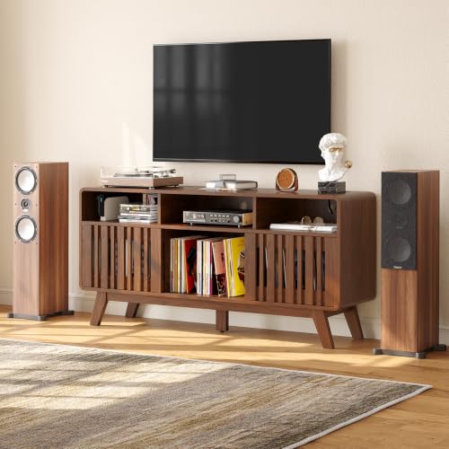 59"Large Vinyl Record Cabinet with Built-in Charging Station,Walnut | Mid Century Modern TV Stand for TVs up to 65", Record Player Table Holds 500+ Vinyl Records, Turntable Stand for Living room