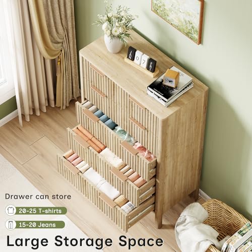 47" Tall Dressers for Bedroom Fluted 5 Drawer Dresser, Wooden Dresser Modern Chest of Drawers Dressers with Organizer Storage for Bedroom, Living Room, Entryway, Oak