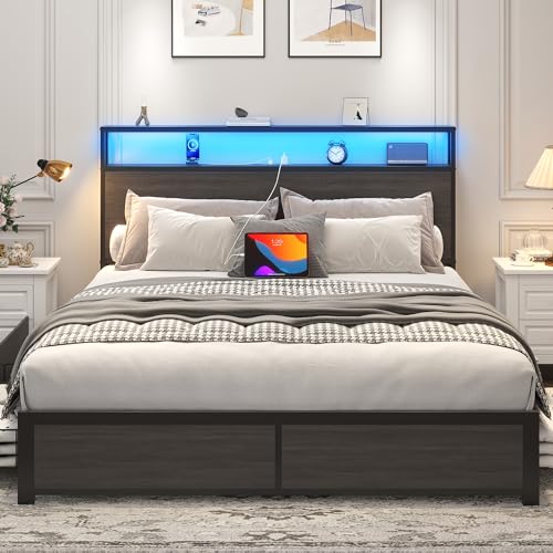 Queen Bed Frame with 2-Tier Storage Headboard, Metal Platform Bed Frame with 4 Storage Drawers, Built in Charging Station & LED, Noise-Free/Metal Support/No Box Spring Needed, Rustic Grey