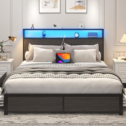 Queen Bed Frame with 2-Tier Storage Headboard, Metal Platform Bed Frame with 4 Storage Drawers, Built in Charging Station & LED, Noise-Free/Metal Support/No Box Spring Needed, Rustic Grey