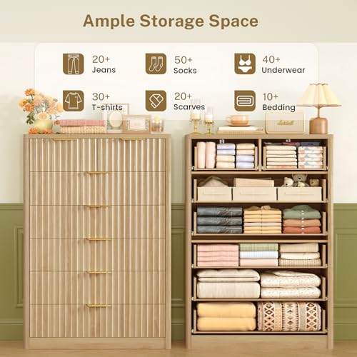 48" Tall Dresser for Bedroom with 7 Drawers, Dressers & Chests of Drawers with Metal Handle, Fluted Dresser, Wood Closet Clothes Storage Organizer for Bedroom, Hallway, Natural