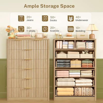 48" Tall Dresser for Bedroom with 7 Drawers, Dressers & Chests of Drawers with Metal Handle, Fluted Dresser, Wood Closet Clothes Storage Organizer for Bedroom, Hallway, Natural