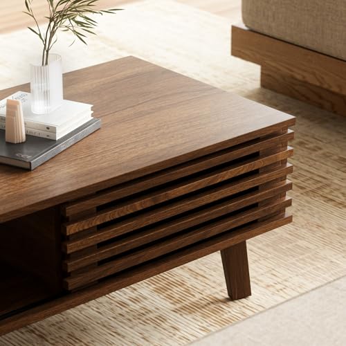 Mid Century Modern Coffee Table, Wood Coffee Table with Storage, Farmhouse Table for Living Room, Apartment, Walnut
