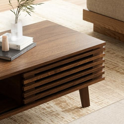 Mid Century Modern Coffee Table, Wood Coffee Table with Storage, Farmhouse Table for Living Room, Apartment, Walnut