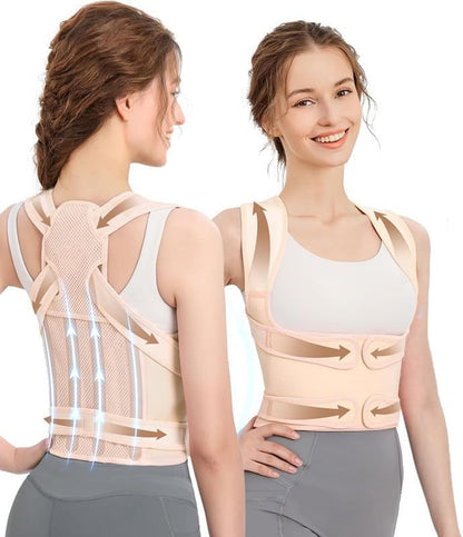 Back Brace Posture Corrector for Women and Men, Shoulder Straightener, Adjustable Full Back Support, Relief for Neck/Shoulder/Back Pain, Scoliosis & Hunchback Correction, Breathable Mesh Design (Beige, Medium/Large (Waist 33"-40"))