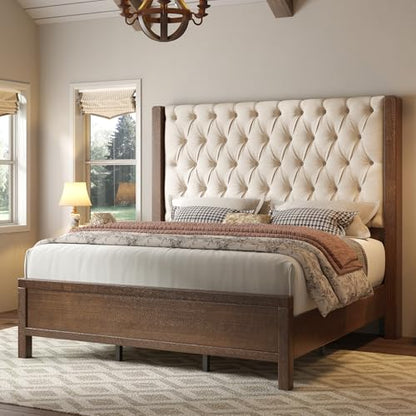 King Size Solid Wood Bed Frame,57" Wingback Headboard,Walnut