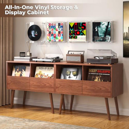 Mid Century Modern Record Player Stand with Vinyl Storage, Brown | Turntable Stand with Solid Wood Legs, 7“/10"/12" Vinyl Record Storage Cabinet, for Living Room, Music Corner