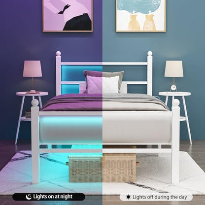 Twin Bed Frames with Headboard and Footboard,White Metal Platform Bed Frame with RGB LED Lights and USB Charging Station,Under Bed Storage,No Box Spring Needed,Suitable for Bedrooms