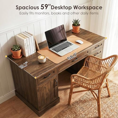 Farmhouse 59 Inch Executive Desk with Drawers, Walnut
