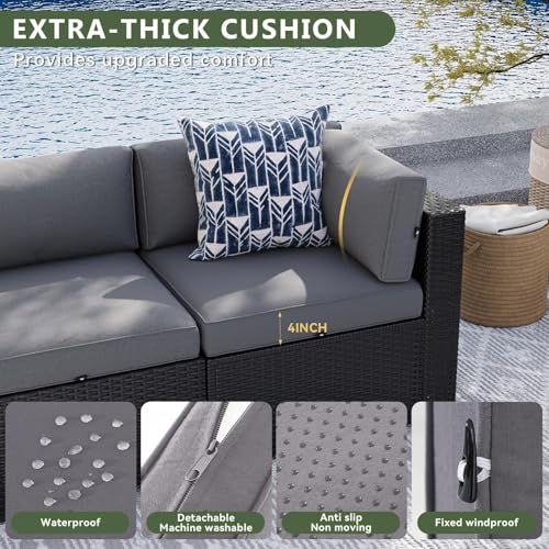 8 Piece Patio Furniture Set with 44” Fire Pit Table, Wicker Rattan Patio Sectional Sofa, Outdoor Furniture Set with Thickened Cushion, Grey