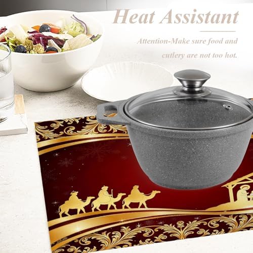 Shrahala Christian Christmas Golden Floral Set of 8 12 X 18 Inch Linen Placemats, Christmas Wise Men Golden Star Bethlehem Burlap Table Mat Washable Double Layered Heat Insulation for Indoor/Outdoor