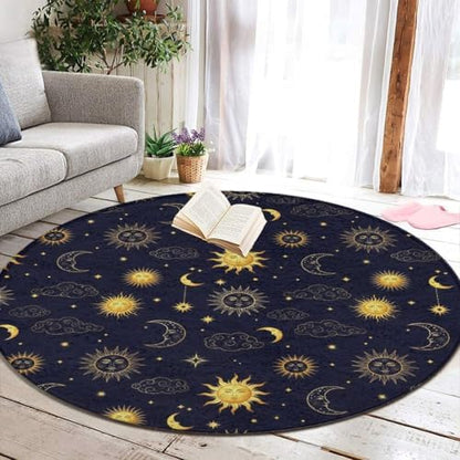 Large Machine Washable Circular Rugs, Home Decor Round Mat for Living Room Sofa Office Compatible with Sun Moon Boho Astrology