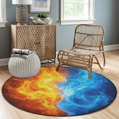 Large Home Decor Mat, Soft Round Yoga Carpet, Non Slip Machine Washable Home Office Circle Rug Red Blue Ice Fire