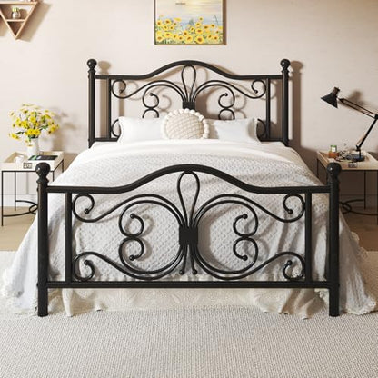 Full Bed Frame with Butterfly Pattern Design Headboard & Headboard, Black