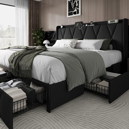 King Size Bed Frame with 4 Storage Drawers and Charging Station, Upholstered Platform Bed Frame with Storage Headboard, No Box Spring Needed, Easy Assembly, Black
