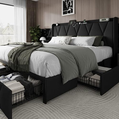 King Size Bed Frame with 4 Storage Drawers and Charging Station, Upholstered Platform Bed Frame with Storage Headboard, No Box Spring Needed, Easy Assembly, Black