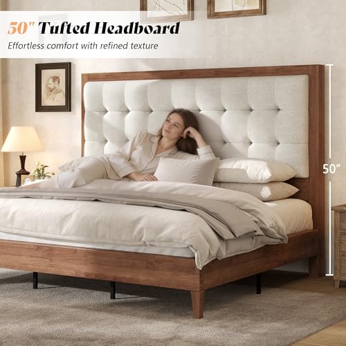 Solid Wood Queen Bed Frame 50.2" Upholstered Headboard, Walnut