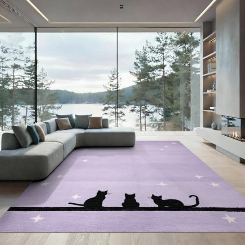 6'x9' Black Cat Lavender Starry Washable Area Rug