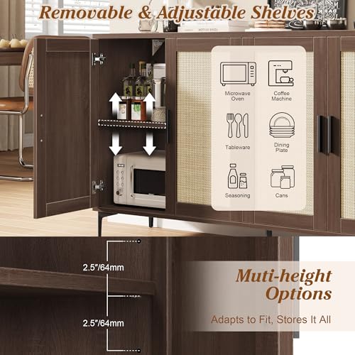 48" Rattan Buffet Cabinet with Storage, Walnut Coffee Bar Cabinet