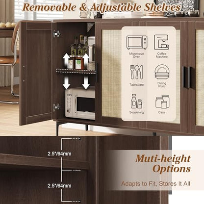 48" Rattan Buffet Cabinet with Storage, Walnut Coffee Bar Cabinet