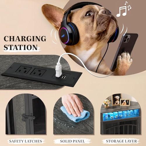 52" Corner Dog Crate Furniture with LED Light & Power Outlets