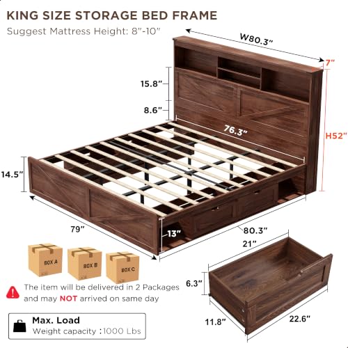 Farmhouse King Bed Frame, 52-Inch LED Storage Headboard, Brown
