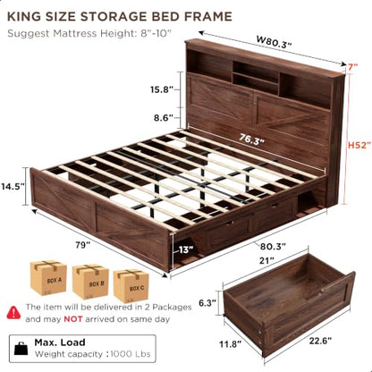 Farmhouse King Bed Frame, 52-Inch LED Storage Headboard, Brown