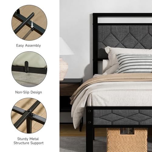 Easy Assembly Upholstered Queen Bed Frame&Soft Padded Headboard