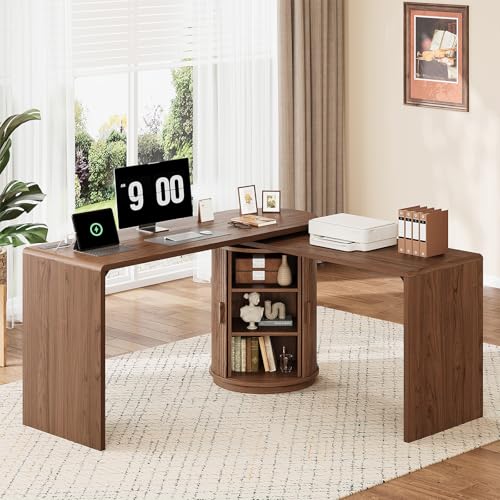 60 in L Shaped Desks,360° Rotating Swivel Corner Desk,Walnut