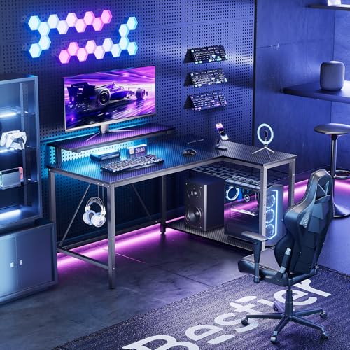 42" L-Shaped Gaming Desk with LED Lights and Power Outlets, Black