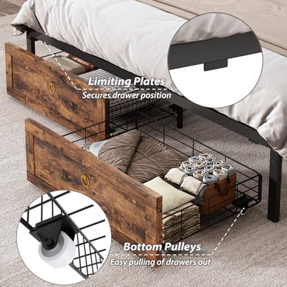 King Size Bed Frames with Storage Headboard and 4 Drawers, Farmhouse Platform Bed Frame with Charging Station & LED Lights, Metal Slats Support, Noise Free, No Box Spring Needed, Rustic Brown