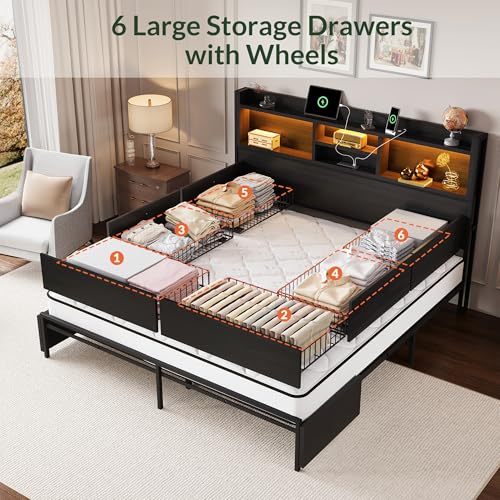 King Size Bed Frame with 6 Storage Drawers and Headboard Wooden Platform Bed Frame with LED Lights and Charging Station Easy Assembly/No Box Spring Needed/Black