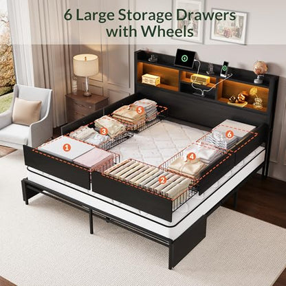 King Size Bed Frame with 6 Storage Drawers and Headboard Wooden Platform Bed Frame with LED Lights and Charging Station Easy Assembly/No Box Spring Needed/Black