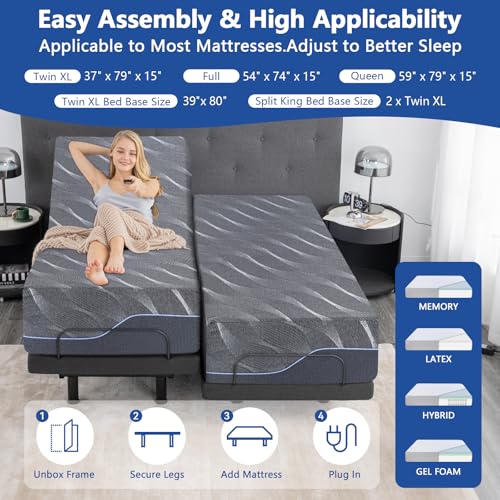 Split King Adjustable Bed Frame with Massage, 14 Inch Grey Gel Memory Foam Medium Firm Mattress in Box, Bed Base with Thickened Foam Frame, Adjustable legs, Voice control, Anti-Snore/0 Gravity