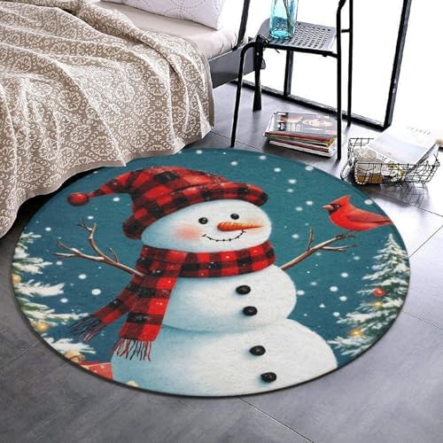 Large Home Decor Mat, Soft Round Yoga Carpet, Non Slip Machine Washable Home Office Circle Rug Christmas Snowman