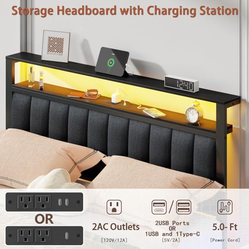 Queen Bed Frame with Storage Drawers and Upholstered Headboard