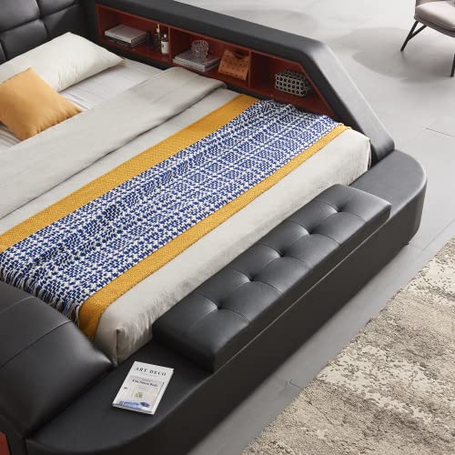 Multifunctional King Size Bed Frame, Modern Luxury Smart Bed with Massage Recliner/Music Speaker/USB Port/Storage Drawers, Adjustable Leather Upholstered Headboard, Black