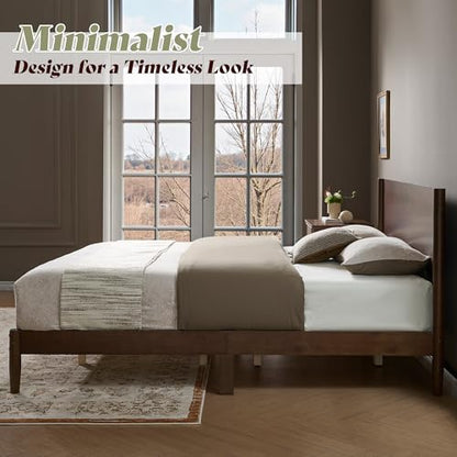Solid Wood Queen Bed Frame, Mid Century Bed with Headboard, Walnut