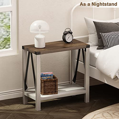 Farmhouse End Table Set of 2, Narrow Side End Table with Storage Shelf, Rustic A-Design Nightstand Sofa Table for Living Room, Bedroom(White&Brown)