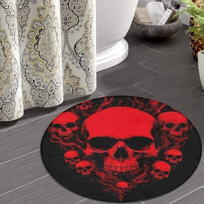 Women's Large Home Decor Mat, Soft Round Yoga Carpet, Non Slip Machine Washable Home Office Circle Rug Cool Red Skulls