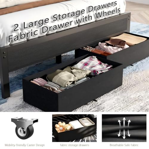 Queen Bed Frame with Storage Drawers and Upholstered Headboard