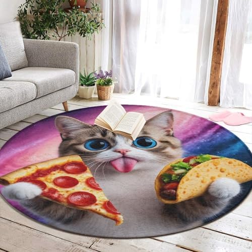Large Machine Washable Circular Rugs, Home Decor Round Mat for Living Room Sofa Office Funny Cute Galaxy Cat Taco Pizza