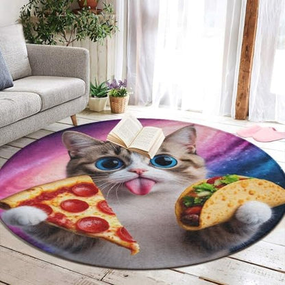 Large Machine Washable Circular Rugs, Home Decor Round Mat for Living Room Sofa Office Funny Cute Galaxy Cat Taco Pizza