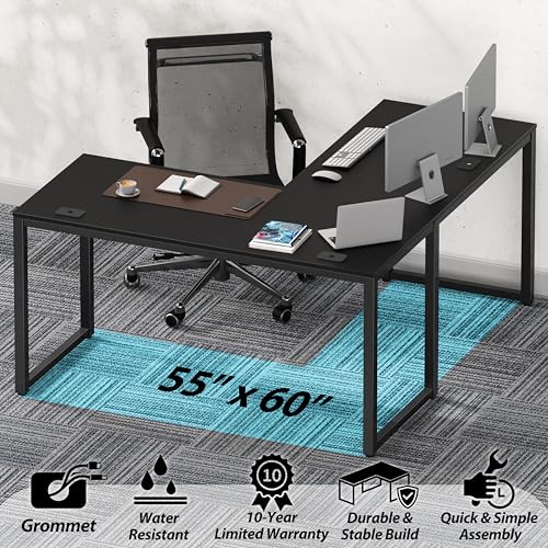 55 x 60 Commercial-Grade L-Shape Corner Office Computer Desk, Black