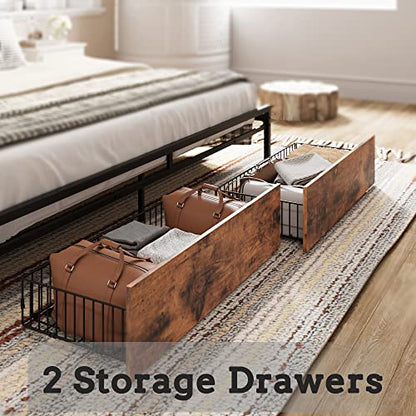King Size Bed Frame with 2 Drawers and Charging Station | Platform Bed with Upholstered Storage Headboard, No Box Spring Needed, Easy Assembly, Sturdy, Industrial Brown and Gray