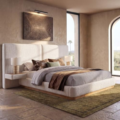 Queen Bed Frame, Upholstered Platform Bed Frame with Large Curved Headboard & 2 Floating Shelves, Noise-Free, No Box Spring Needed, Easy Assembly, Beige