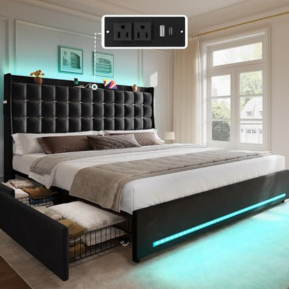 King Size Bed Frame, 4 Drawers and RGB LED Light,Charging Station